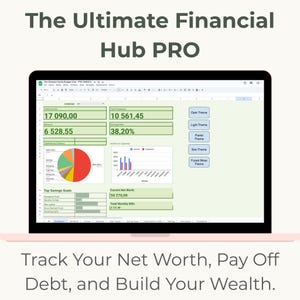 Pode incluir: Uma tela de laptop exibindo um painel financeiro com gráficos e dados. O texto na parte superior diz "The Ultimate Financial Hub PRO". O texto na parte inferior diz "Track Your Net Worth, Pay Off Debt, and Build Your Wealth."