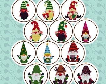 Set of 12 Christmas Gnomes Patern, Cross Stitch Pattern, Christmas Ornaments, Digital File Only, Embroidery CS00001