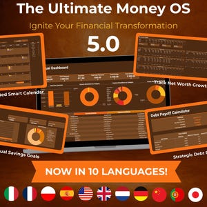 May include: A digital financial dashboard, "The Ultimate Money OS 5.0", is displayed on a laptop screen. The image highlights features like an automated smart calendar, savings goals, and debt payoff calculator. The text "NOW IN 10 LANGUAGES!" is also visible.