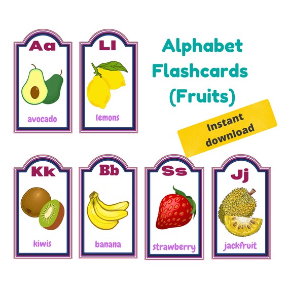 Alphabet Flashcards /fruits Flashcards/ A to Z Flashcards / Etsy