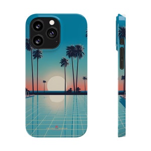 May include: A blue and teal phone case with a retro-style illustration of palm trees, a pool, and a sunset. The case has a white grid pattern and the text "FUJIRO WORKS" in red.