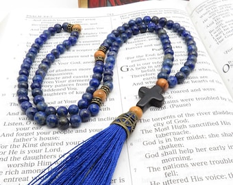 Corde de prière orthodoxe, perles de lapis lazuli, avec croix en pierre, espaceurs en bois d'olivier de Jurusalem, chotki, komboskini, chapelet,