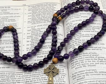 Amethyst Gemstone Prayer Rope: Olive Wood Accent Beads Rosary with Celtic Cross