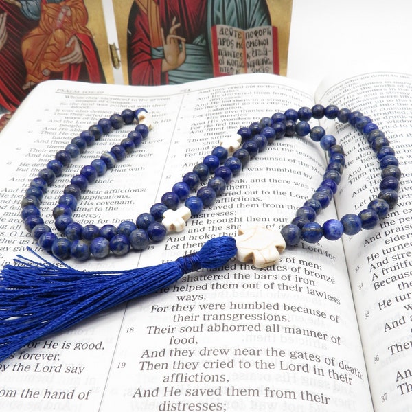 Corde de prière orthodoxe en lapis lazuli, chotki, komboskini, chapelet 100 perles de lapis-lazuli avec croix en pierre turquoise blanche.