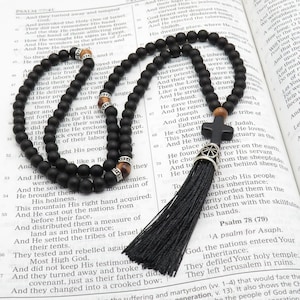 Corde de prière orthodoxe, chotki, komboskini, chapelet 100 perles de pierres précieuses en onyx avec croix en pierre entretoises en bois d&#39;olivier de Jurusalem