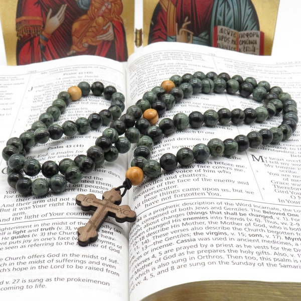 Jaspis edelsteen orthodox gebedstouw met walnotenkruis