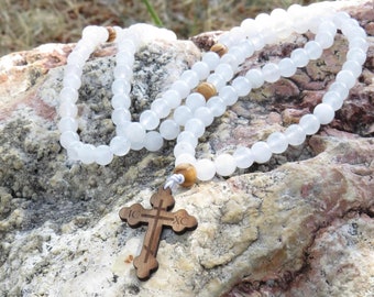 Orthodox Prayer Rope, White Jade Gemstone Beads, Walnut