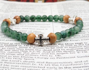 Chalcedony Jade Prayer Bracelet: Silver Crosses, Olive Wood