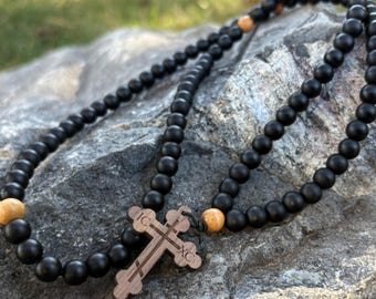 Onyx Orthodox Prayer Rope: Walnut Cross, Olive Wood Beads