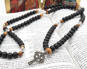 Onyx Prayer Rope: Olive Wood, Celtic Cross Rosary