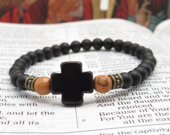 Black prayer bracelet,  Chotki, Komboskini, onyx gemstone beads, Howlite stone cross, Jurusalem olivewood beads, 6mm