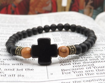 Onyx Prayer Bracelet: Olivewood, Howlite Cross, 6mm Beads