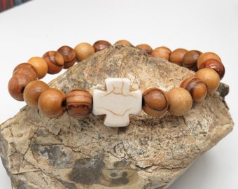 Jerusalem Olivewood Prayer Bracelet: White Turquoise Cross, 8mm Beads