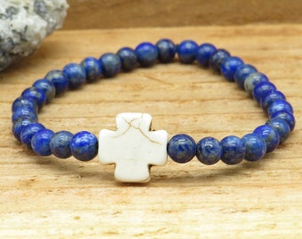 Lapis Lazuli Beaded Cross Bracelet: Natural Stone Religious Jewelry