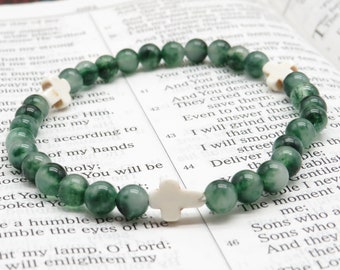 Green Jade Prayer Bracelet: Turquoise Crosses, 33 Bead Rosary