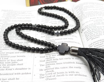 Onyx Prayer Rope: Orthodox Rosary with Howlite Cross & Hematite Accents