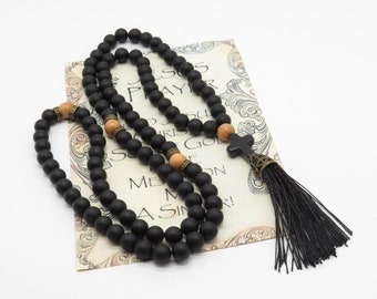 Orthodox prayer rope, Chotki, Komboskini, Rosary 50 or 100 onyx gemstone beads with stone cross Jurusalem olivewood spacers