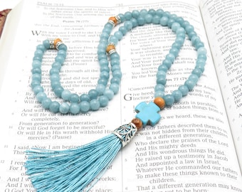 Aquamarine Orthodox Prayer Rope: Jerusalem Olive Wood, Turquoise Cross