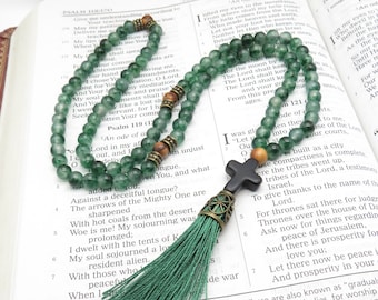 Orthodox prayer, Natural Jade beads, Chotki, Komboskini, Rosary, stone cross, green tassel, Jurusalem Olive wood beads, Eastern Orthodox