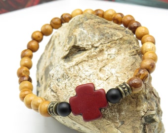Olive Wood Prayer Bracelet: Burgundy Stone Cross, Komboskini Rosary
