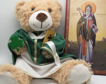 Oso de peluche de San Patricio de Irlanda, osos santos coleccionables, osos de peluche cristianos