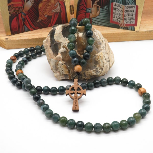 Komboskini, Chotki, Green Moss Agate Gemstone, 100 bead Prayer Rope, with Celtic Wooden Cross, Rosary