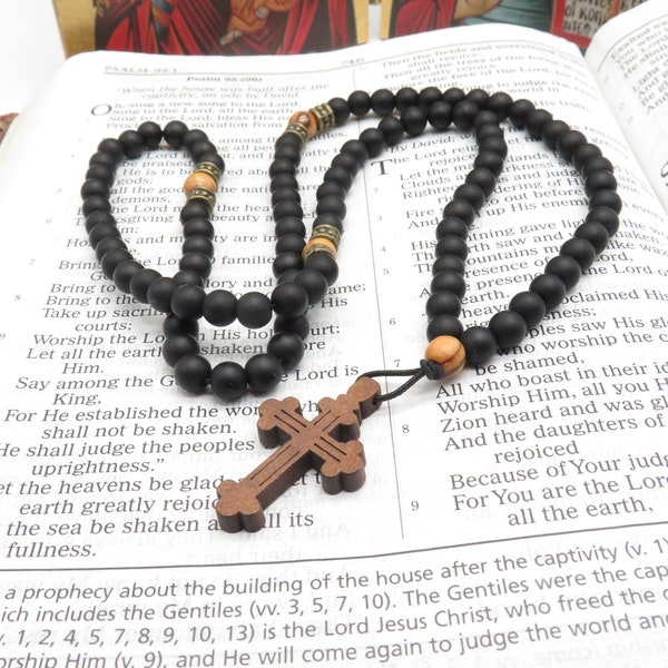 Orthodox Prayer Rope, Chotki, Komboskini, Rosary, 100 Oynx gemstone beads Jurusalem Olive wood beads, wooden Byzantine cross pendant.