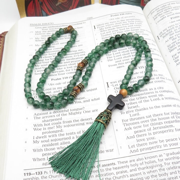 Orthodox prayer, Natural Jade beads, Chotki, Komboskini, Rosary, stone cross, green tassel, Jurusalem Olive wood beads, Eastern Orthodox