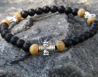 33 bead Chotki, Komboskini, Prayer Bracelet, 6mm Onyx Gemstone Beads, Jurusalem olivewood beads Antiqued Silver Cross, Rosary, Prayer Rope