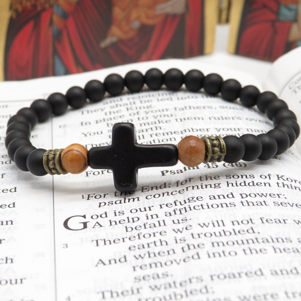 Black Prayer Bracelet, Chotki, Komboskini, Rosary Bracelet, 6mm Onyx Gemstone Beads, Two Imported Jurusalem Olivewood Beads,