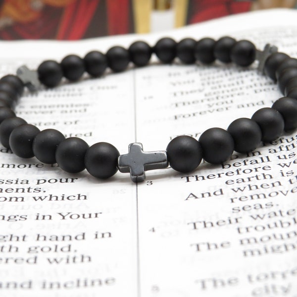 33 bead Chotki, Komboskini, prayer bracelet 6mm onyx gemstone with Hematite cross beads, rosary bracelet