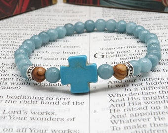Aquamarine natural gemstone cross bracelet, Komboskini, turquoise stone cross with Jurusalem olivewood beads.