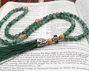 Green Chalcedony Prayer Rope: Olive Wood, Eastern Orthodox Rosary