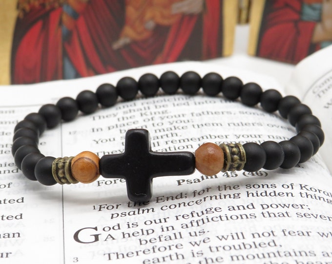 Featured listing image: Black Onyx Prayer Bracelet: Olivewood Cross, Komboskini Rosary