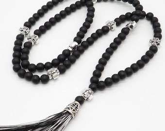 Onyx Gemstone Orthodox Prayer Rope: Silver Cross Rosary