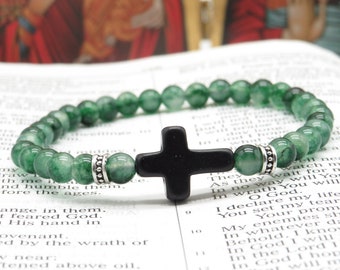 Chalcedony Jade Gemstone Prayer Bracelet with Howlite Cross