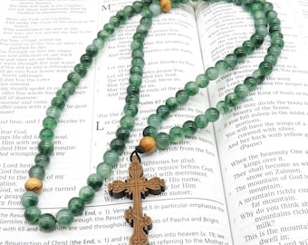 Jade Gemstone Orthodox Prayer Rope with Olive Wood Cross