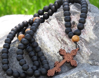 Orthodox prayer rope, Chotki, Komboskini, Rosary, 100 onyx stone beads, with Byzantine wooden cross