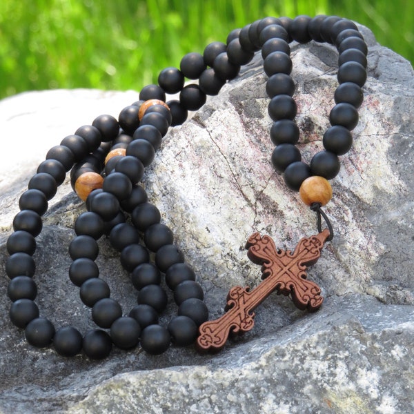 Orthodox prayer rope, Chotki, Komboskini, Rosary, 100 onyx stone beads, with Byzantine wooden cross