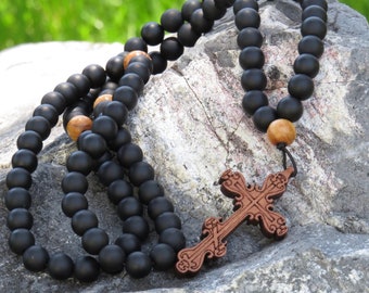 Orthodox Prayer Rope, Chotki, Komboskini, Rosary, Onyx Gemstone,  Byzantine Cross, Jurusalem Olivewood, Eastern Orthodox,  33/50/100 bead