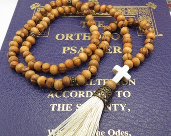 Olive Wood Prayer Rope: Turquoise Cross, Orthodox Rosary