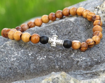 Jurusalem olivewood Chotki, prayer bracelet, Christian bracelet, Komboskini, rosary bracelet, onyx gemstone, antiqued silver cross