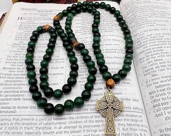 Jade Gemstone Orthodox Prayer Rope: Bronze Celtic Cross, Olivewood Accents