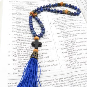 Corde de prière orthodoxe, perles de lapis lazuli, avec croix en pierre, espaceurs en bois d'olivier de Jurusalem, chotki, komboskini, chapelet, image 4