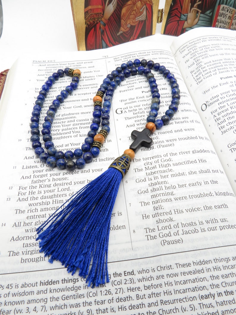 Corde de prière orthodoxe, perles de lapis lazuli, avec croix en pierre, espaceurs en bois d'olivier de Jurusalem, chotki, komboskini, chapelet, image 8