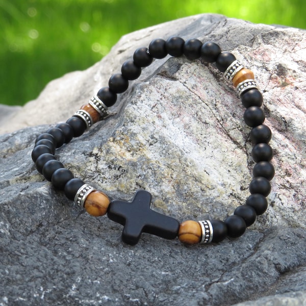 Onyx gemstone Chotki, Komboskini, Orthodox Prayer Bracelet 33 bead with stone cross and Jurusalem Olive wood beads Rosary bracelet