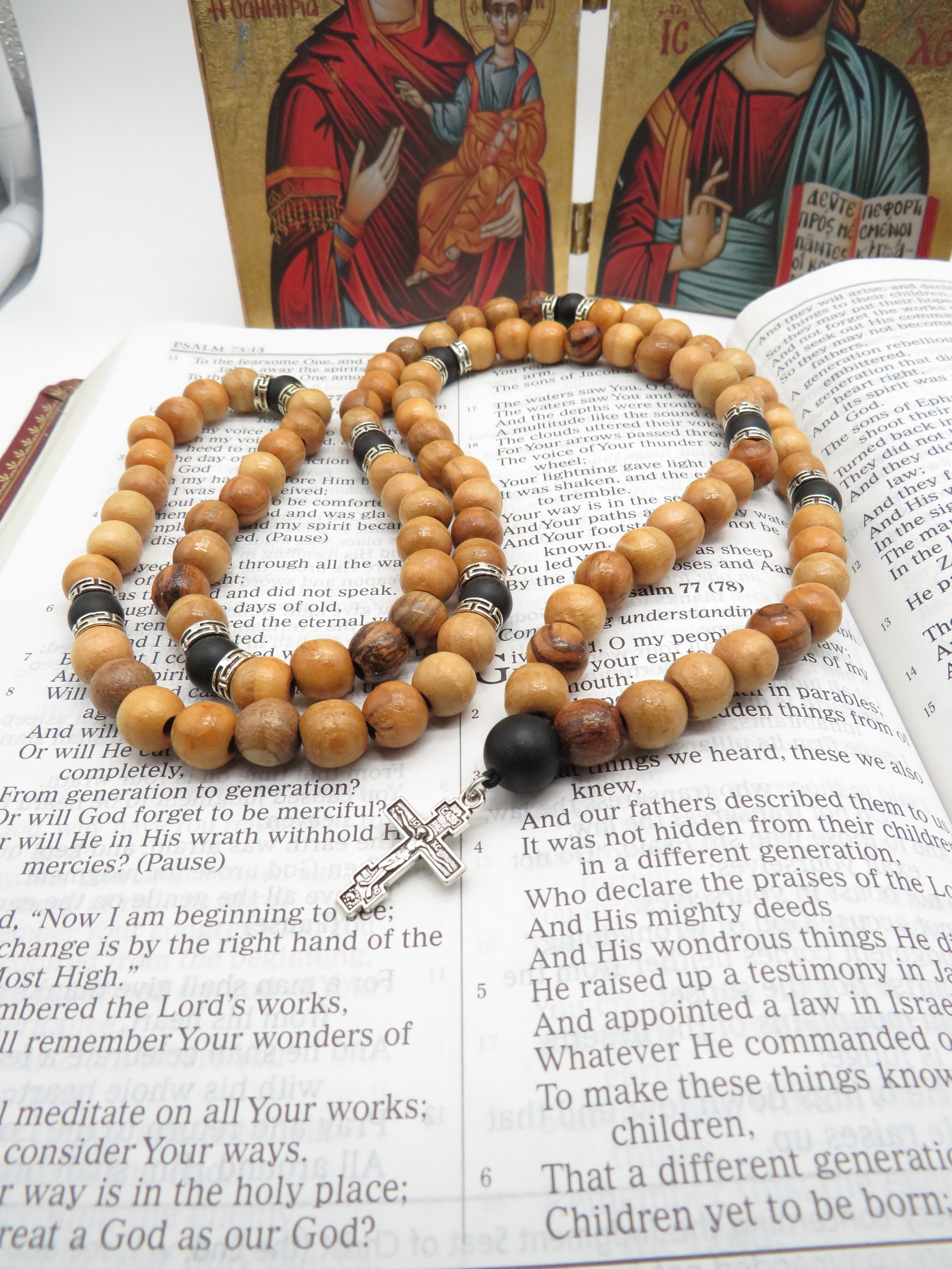 Prayer Beads, 100 olive wood beads with cross