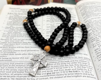 Onyx Gemstone Rosary Prayer Rope: Olive Wood Accent Beads, Celtic Cross, Orthodox Komboskini