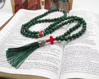 Jade Gemstone Orthodox Prayer Rope: Stone Cross Rosary