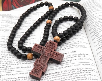 Onyx Gemstone Prayer Rope: Olive Wood Accents, Wooden Byzantine Cross